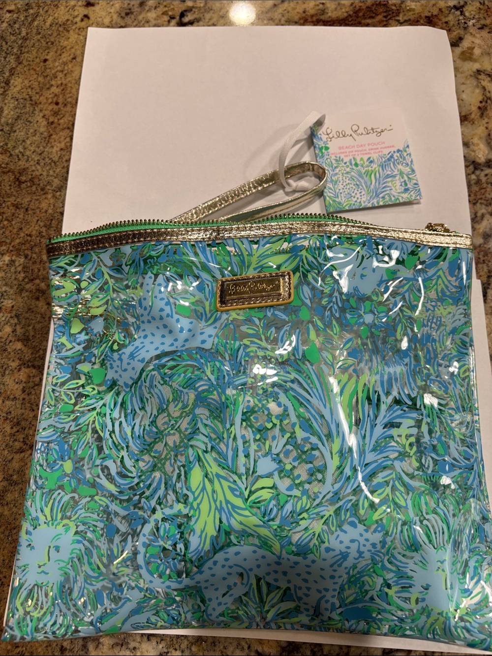 Lilly Pulitzer Green & Blue Coastal Vinyl Wristlet with Gold Trim